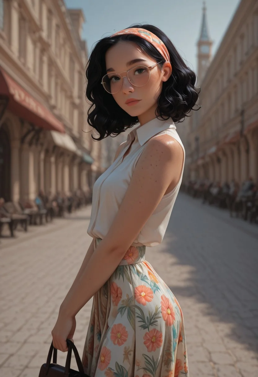 masterpiece, ultra-HD, cinematic lighting, photorealistic, high detail, depth of field, (blurred background), (dappled lighting), best quality, very aesthetic, 8k, mmasterpiece, best quality, 8k, light particles, 1girl, short curly black hair, headband, round face, petite, freckles, body freckles, looking at viewer, dramatic pose, skindentation, outdoors, paris, sleeveless write collared top, sun glasses, view from side, hand bag, flowy colorful print skirt,