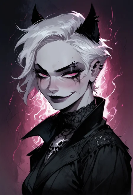 score_9, score_8_up, score_7_up, BREAK, 1woman portrait, beautiful, dramatic lights (( seductive, seductive look, goth, goth girl, goth makeup, animal ears, pink eyes, white colored skin, white hair, short hair, happy, smug))
<lora:Fant5yP0ny:0.6> <lora:fantasy_world_pony:0.9>
<lora:Cherry-Gig:0.55>