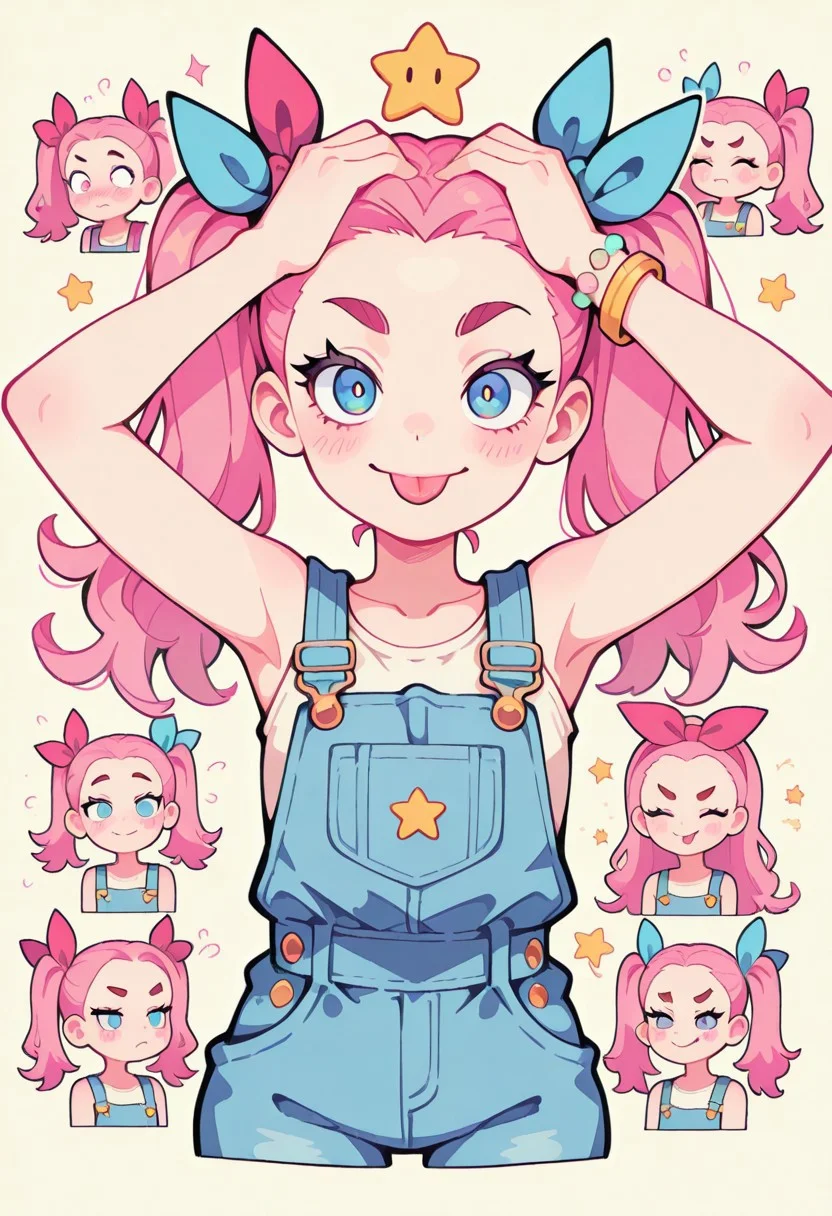 1 girl , solo , blushing , tongue out , closed mouth , bratty smile , thick eyebrow , eyelashes , cute , twintails , fist against head , winking , star , sleeveless , bracelet , overalls , ribbon , hair ribbon ,
masterpiece, best quality ,amazing quality ,S4bit4mago_illu , Protoneon ,s0wasow4rt_illu, t1m3r