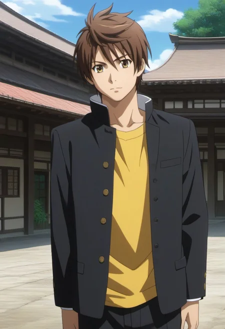 ((masterpiece)), ((best quality)), ((ultra-detailed)), ((absurdres)), score_9_up, score_8_up, score_7_up,
HD, top quality, best quality, amazing quality, High-quality illustrations, anime screencap, source_anime, best aesthetic, perfect proportions, perfect eyes, 1boy, 1male, solo boy, solo male, male focus, solo male focus, Anime, boy, male anime character, anime boy, handsome, cute, charming, sexy, good-looking, Yoshiharu Sagara, brown hair, yellow-brown eyes, black plain gakuran blazer, school uniform, yellow shirt, black pants, ((slim body, lean body)), ((historical japanese background, blue white sky, wide fields)), ((cowboy shot, head to hips shot)), ((front view, front shot, facing front, view from the front))
