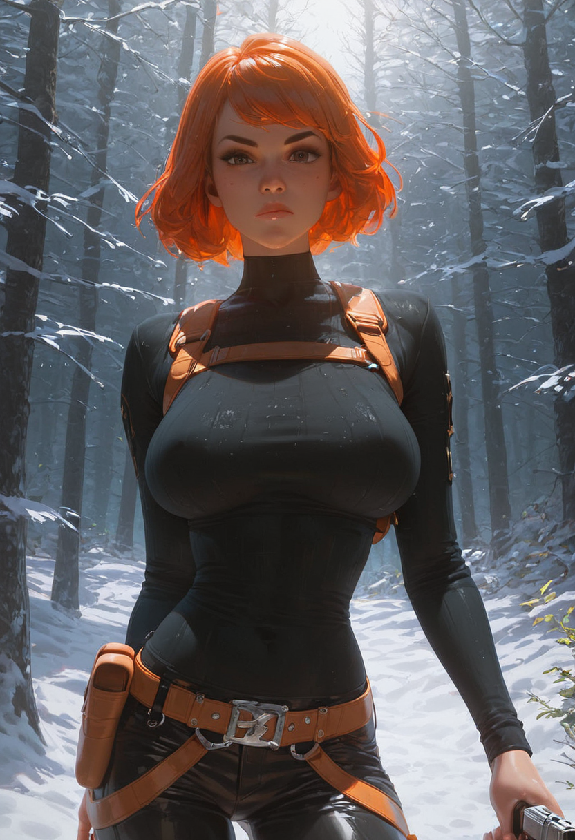 score_9, score_8_up, score_7_up, high detailed, high quality, masterpiece, no text, quality highlights, 8k detail, ultra-detailed, ... 1girl, woman, april o'neil, bob cut orange hair, beautiful face, serious face, black ribbed sweater, Holster harness, (black pants:1.15), thin waist, (covered nipples:0.5),   (holding a gun:1.2), looking at viewer,  (snowy forest, night time:1.15),  <lora:Breast_Slider_-_Pony_alpha1.0_rank4_noxattn_last:0.5000000000000001> <lora:Dramatic_Lighting_Slider:2.0000000000000004> <lora:AIã¤ã©ã¹ããããã_(2):1.0000000000000002> <lora:Expressive_H-000001:1.0000000000000002>