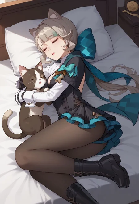 score_9, score_8_up, score_7_up, source_anime, 1girl, solo, lynettedef, closed eyes, grey hair, long hair, braid, small breasts, animal ears, animal ear fluff, cat girl, star (symbol), cat tail, hair bow, aqua bow, long sleeves, puffy sleeves, frills, black leotard, backless outfit, cleavage, black gloves, covered navel, black pantyhose, black footwear, boots, open mouth, lap pillow, looking to the side, lying, on bed, on side, animal hug, sleeping, indoors, bedroom, upper body, cat, <lora:Lynette_v1-000010:1>