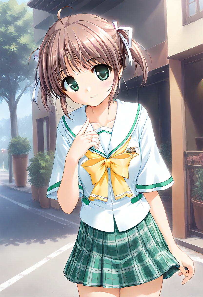 score_9,score_8_up,score_7_up,masterpiece,best quality,absurdres,source_anime,game cg BREAK <lora:Hyper-SDXL-8steps-lora:1>,1girl,solo,cowboy_shot,<lora:asagirimai_pony_v1:0.8>,asagiri mai,brown hair,green eyes,bangs,short hair,ahoge,twintails,short twintails,ribbon,hair ribbon,smile,school uniform,bow,yellow bow,shirt,white shirt,short sleeves,skirt,plaid,plaid skirt,green skirt,black socks,road,