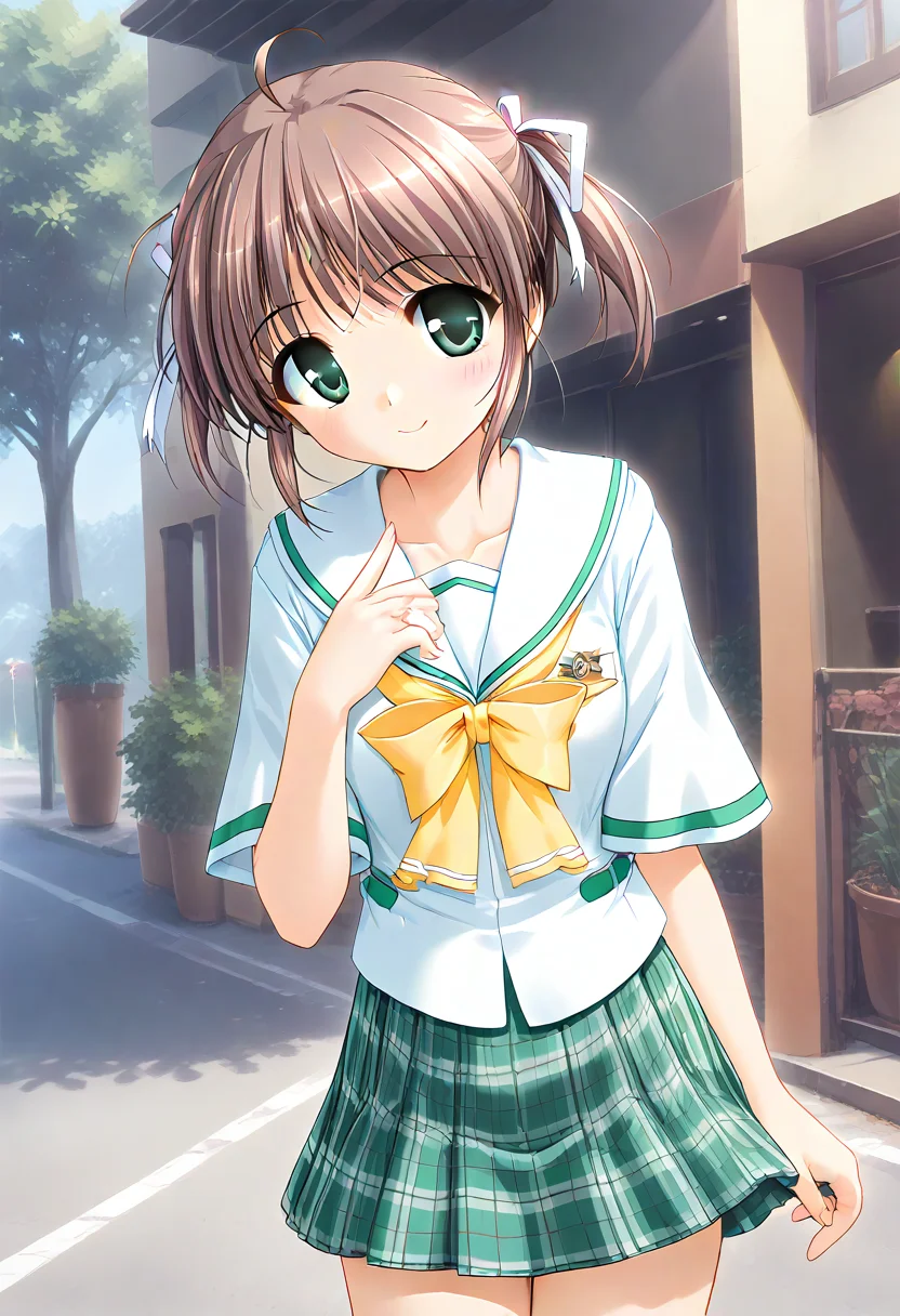score_9,score_8_up,score_7_up,masterpiece,best quality,absurdres,source_anime,game cg BREAK <lora:Hyper-SDXL-8steps-lora:1>,1girl,solo,cowboy_shot,<lora:asagirimai_pony_v1:0.8>,asagiri mai,brown hair,green eyes,bangs,short hair,ahoge,twintails,short twintails,ribbon,hair ribbon,smile,school uniform,bow,yellow bow,shirt,white shirt,short sleeves,skirt,plaid,plaid skirt,green skirt,black socks,road,