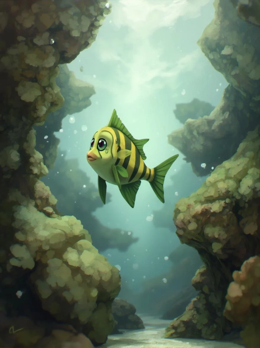 <lora:ck-LttleGhost-000011.safetensors:1> in the style of ck-lttlegh0stAn abstract aquarium interior features a mesmerizing yellow-and-green striped fish swimming through coral-like textures with sharp focus. A foggy background is blurred, highlighting ethereal light effects and soft pastel/earthy hues create a serene atmosphere.