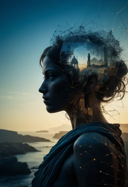 mysterious silhouette ancient roman woman noble with toga, ancient roman ruins, goddess, alluring, by Minjae Lee, Carne Griffiths, Emily Kell, Steve McCurry, Geoffroy Thoorens, Aaron Horkey, Jordan Grimmer, Greg Rutkowski, amazing depth, double exposure, surreal, geometric patterns, intricately detailed, bokeh, perfect balanced, deep fine borders, artistic photorealism , smooth, great masterwork by head of prompt engineering <lora:add-detail-xl:2> <lora:Double_Exposure:0.5>