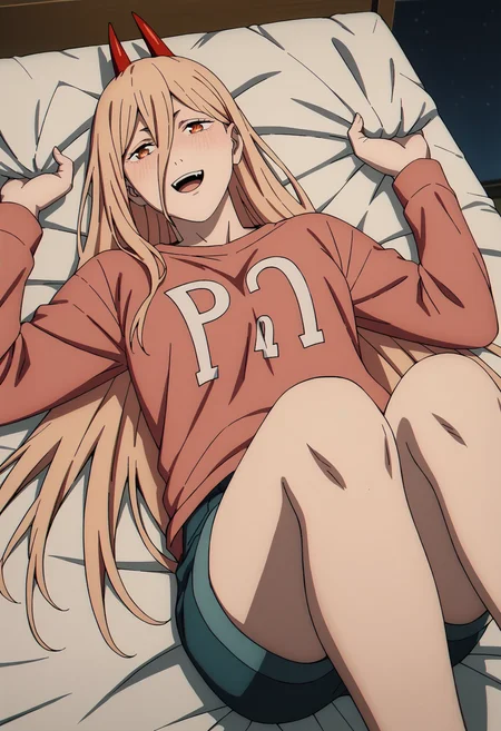 score_9, score_8_up, score_7_up, score_6_up, score_5_up, score_4_up, best quality, masterpiece, colorful, very aesthetic, anime,
BREAK
(lying on bed:1.2), knee up, half closed eyes, blush, smile, open mouth, seductive , night, holding sheets, <lora:add-detail-xl:1> <lora:P0w3eeerXL_Pony_v1:1> 1girl, p0w3r0x1, long hair, blonde hair, red horns, demon pupils, red sweatshirt