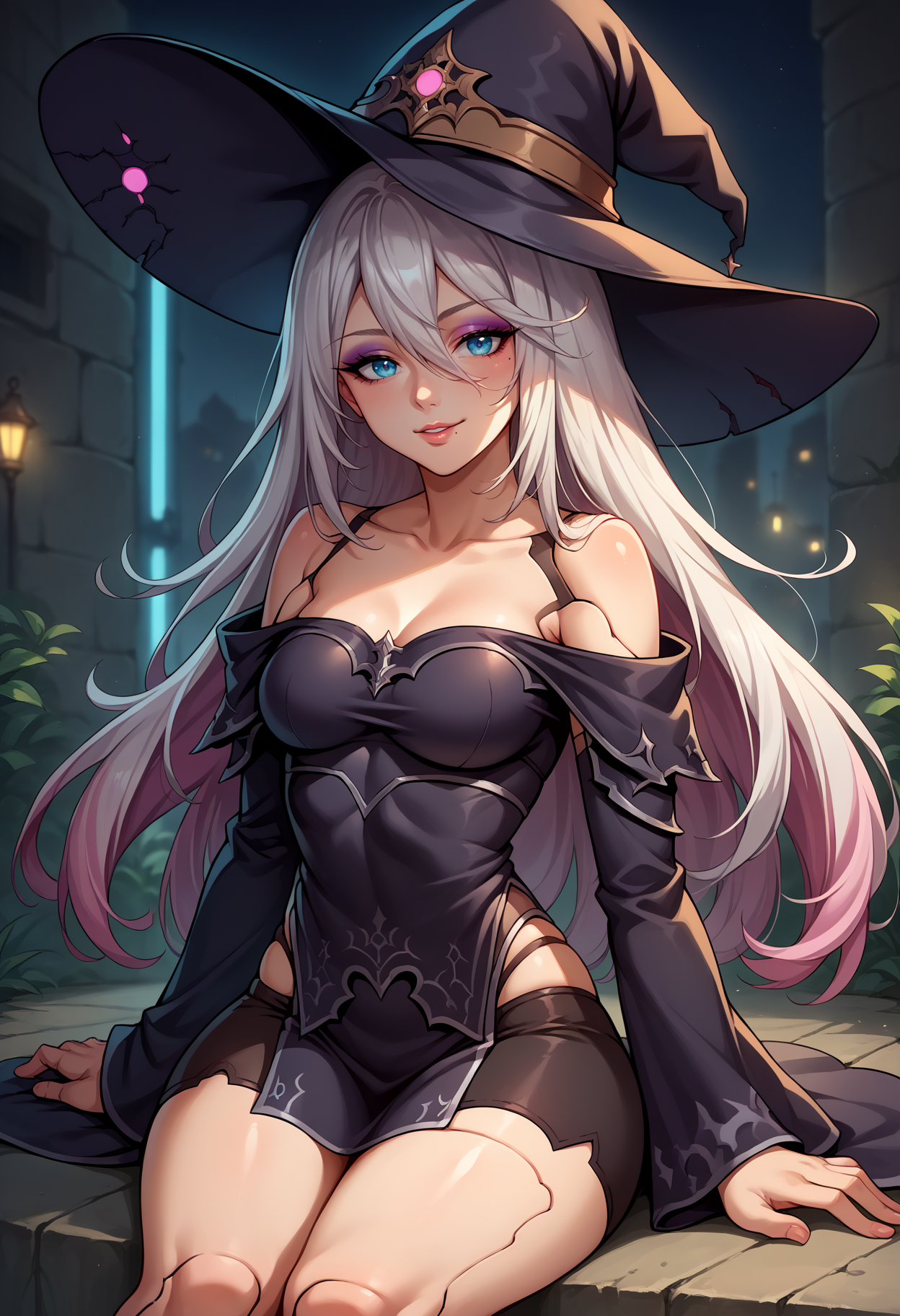 score_9, score_8_up,score_7_up, source_anime, <lora:EPnna2Pony:1>, EPnna2, 1girl, solo, white hair, long hair, blue eyes, hair between eyes, android, robot joints, mole under mouth, glowing neon lights, sitting, armoured, witch hat, witch robe, eyeshadow, looking at viewer, smiling, pink glow, pink magical energy,