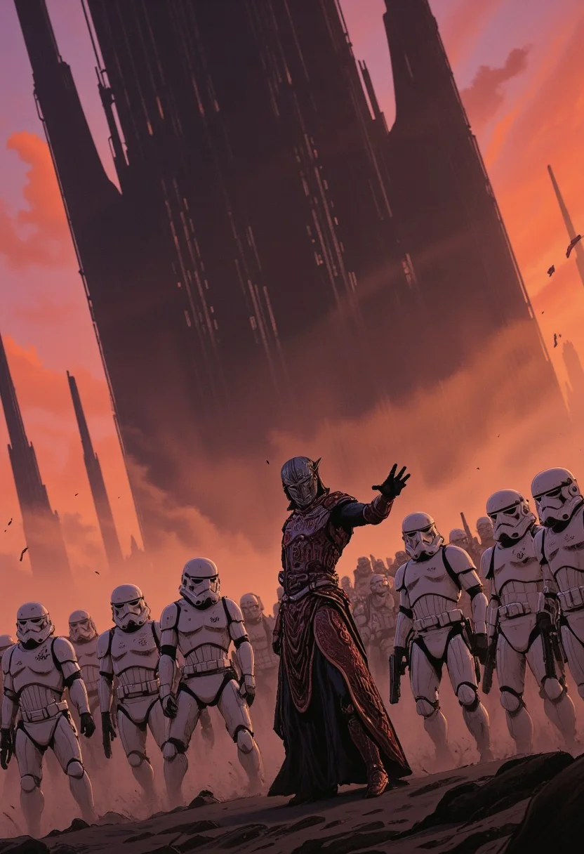 A squad of Stormtroopers stands in the foreground, their pristine white armor catching the last rays of a breathtaking orange and pink sunset. The air is thick with mist, swirling at their feet like creeping fog, blurring the lines between reality and illusion. Behind them, the towering silhouette of a colossal black fortress looms through the haze, its spires barely visible but unmistakably menacing. The structure stands as a grim reminder of the Empire’s iron grip on the galaxy.
Amidst them, an imposing figure breaks the uniformity—an enigmatic warrior poised in a hand-up fight stance, exuding an aura of raw, unrelenting power. His intricate high-collared metal armor gleams under the cinematic light, an elaborate fusion of relief-carved Haitian patterns and cybernetic enhancements. His mask, a fusion of retro-futuristic Siberian design and organic mushroom-like contours, conceals his identity, adding to his mystique.
Floating particles dance through the air, catching the glow of battle-worn crimson and stark white reflections on his armor. The scene feels like a high-budget anime sequence, frozen in time, as if captured in the hyperrealistic detail of a 64-megapixel DSLR macro shot. The stormtroopers grip their blasters, tense but hesitant, as the warrior’s stance signals an impending clash—one of precision, speed, and devastation. The warm hues of the sunset paint a stark contrast against the cold steel of war, a fleeting beauty before the inevitable storm of action.