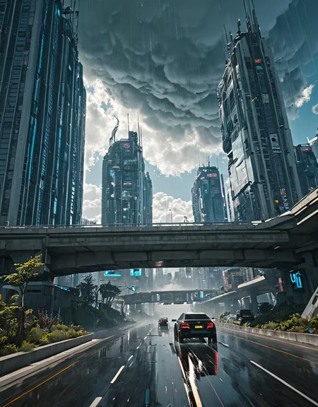 <lora:City_Worlds-1:1> realistic photo of citybkg, cyberpunk, day, clouds, sunny, ambiance, detailed, futuristic, elevated highway, street, high buildings, houses, vegetation, ambiance, day, clouds, very detailed, elevated highway, design buildings, futuristic, very low side view, high buildings, illuminated, city lights, reflections, car rear, mist, motion blur, smoke, speed, wet, rain