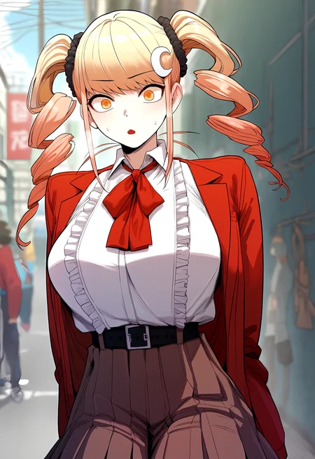score_9, score_8_up, score_7_up, score_6_up, source_anime, rating_explicit, <lora:neg4all_bdsqlsz_V3.5:2.0>1girl, (solo:1.1), huge breasts, <lora:Seo Eun-youngponyxl:1> hair ornament, drill hair, yellow eyes, twintails, blonde hair, twin drills, hair scrunchie, orange eyes, red jacket, open jacket, neck ribbon, red bow, center frills, frilled shirt, white shirt, collared shirt, shirt tucked in, black belt, brown skirt, pleated skirt, surprised, Narrow shoulders, heavy breathing, steaming body, alley, outdoors, looking at viewer