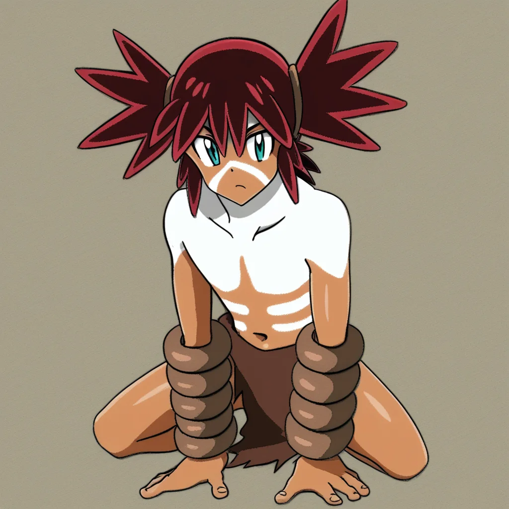 full-length portrait, dynamic pose, forestal background, a sexy male, 1boy, male focus, squatting, barefoot, bangs, dark skin, red hair, dark-skinned male, toes, solo, green eyes, twintails, tribal, all fours, topless male, frown, collarbone, hair between eyes, full body, spiked hair, loincloth, male underwear, underwear, no pants, necklace, jewelry, navel, bodypaint, knees, short hair, solo focus, feet, eyelashes, groin, aqua eyes, bracer, covering crotch, facepaint, bracelet, hair tie, bound wrists, topless, wristband, facial mark, v-shaped eyebrows,