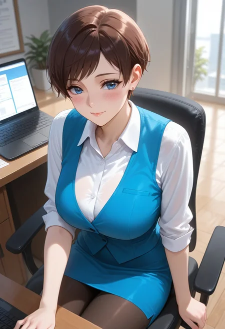 ((high quality)), ((high resolution)), ((incredibly detailed)), detailed background, masterpiece, natural lighting, dynamic angle, indoors, office, desk, laptop, office chair, 1woman, mature, white blouse, blue vest, blue mini skirt, pantyhose, working, sitting on chair, perfect face, perfect blue eyes, middle breasts, detailed brown pixie cut, swept bangs, earring, soft smile, blush,