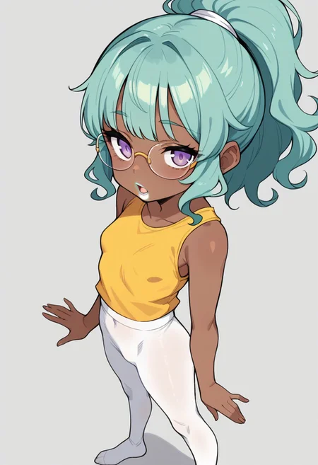 score_9, score_8_up, score_7_up, score_6_up, 1girl, solo, perfect hand, small breasts, (dark skin:1.2), (skinny:1.1), wavy_hair, green fur, light teal hair, medium hair, high ponytail, bangs, light lavender eyes, glasses, white leggings, yellow vest, from_above, standing, open mouth, (white lipstick:1.1)