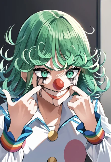 score_9, score_8_up, score_7_up, source_anime, hi res, masterpiece, best quality, highres, rkanime_ps, forced smile, mouth pull, fingersmile, makeup, clown nose, runny makeup, 1girl, tatsumaki