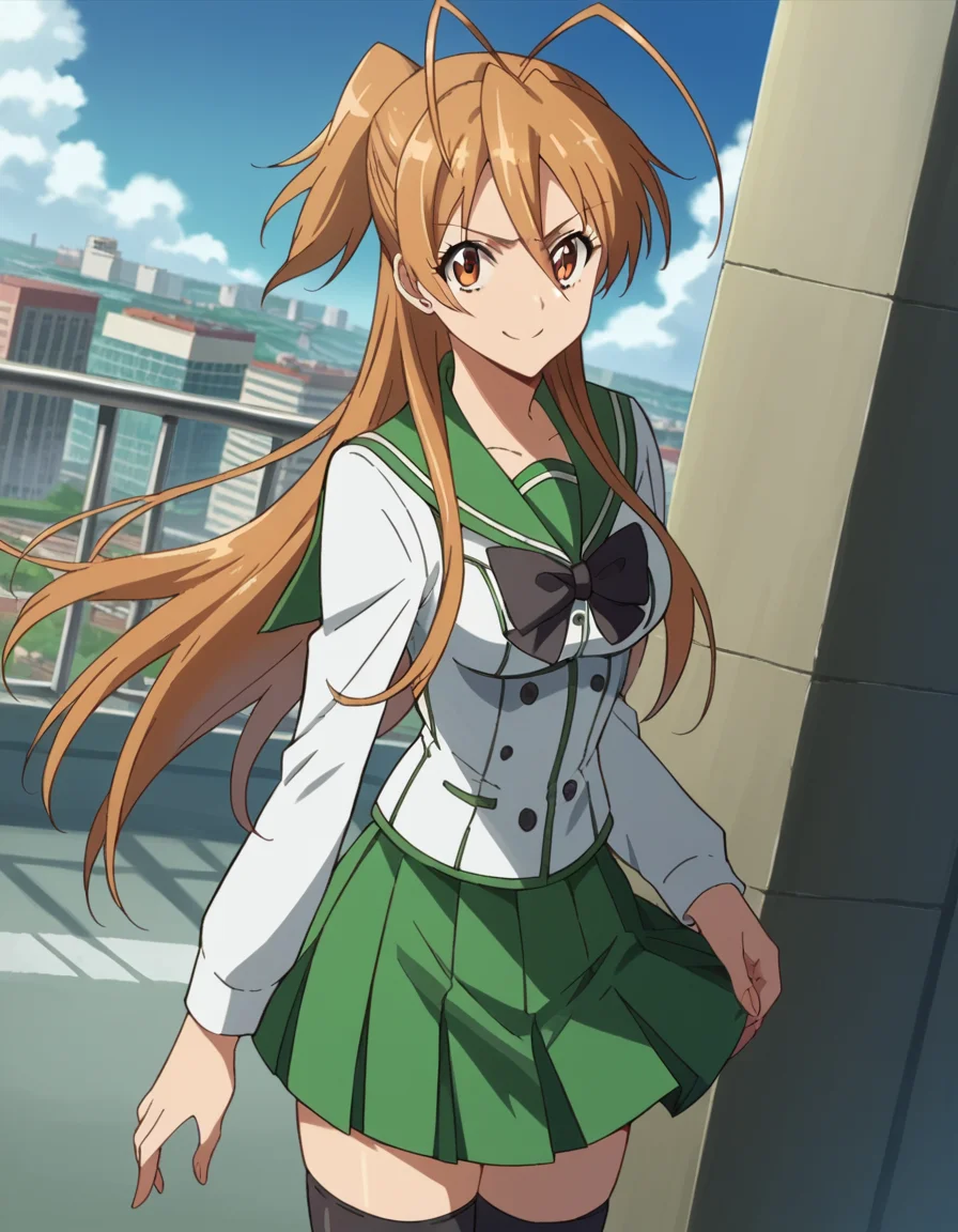 score_9, score_8_up, score_7_up, source_anime,
reimiyamoto, <lora:rei-miyamoto-ponyxl-lora-nochekaiser:1>,
rei miyamoto, long hair, brown hair, brown eyes, antenna hair, ponytail, smile,
skirt, thighhighs, school uniform, serafuku, zettai ryouiki, green skirt, bowtie, long sleeves, black thighhighs, black bowtie,
outdoors, cityscape,
looking at viewer, cowboy shot, dutch angle,