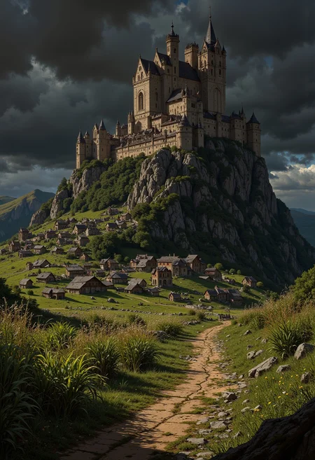 a medieval-style landscape with a grand castle perched atop a rocky hill. The castle is intricately designed with numerous towers and turrets, showcasing a blend of Gothic and Romanesque architectural elements. Below the castle, a quaint village with rustic wooden houses is spread across a lush green field. A dirt path leads from the foreground towards the village, flanked by tall grass and wildflowers. The sky is dramatic, filled with dark, swirling clouds that add a sense of impending weather. The overall color palette is rich and earthy, with deep greens, browns, and grays dominating the scene. The composition is balanced, with the castle serving as the focal point, drawing the viewer's eye upward from the path and village below.