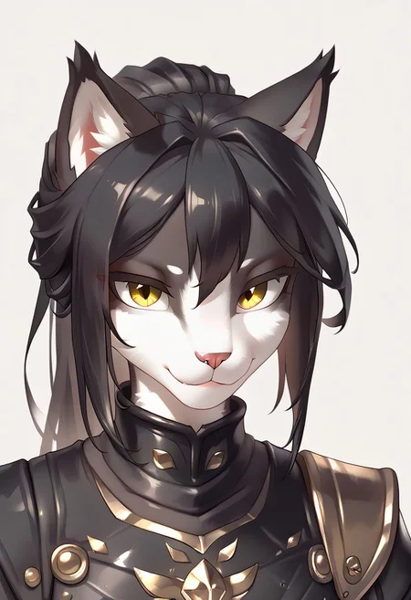 masterpiece, score_9, score_8_up, score_7_up, score_6_up, simple background, (by zinfyu:1), source_furry, (beautiful yellow eyes), anthro, furry, 1girl, 3mb3r, feline, black armor, black and white fur, detailed face, detailed eyes, black hair, tail, animal ears, close-up portrait, expressive and confident look, intricate fur and hair details, focused and balanced composition, vibrant and harmonious color palette