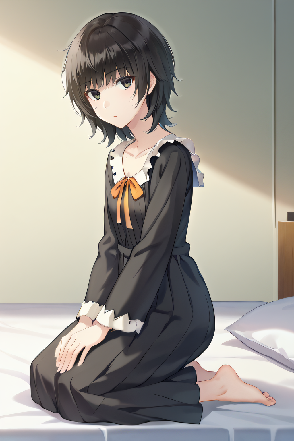score_9, score_8_up, score_7_up, source_anime, rating_safe, intricate details, anime screencap, official style, 1girl, solo, <lora:Yaegaki_Erika:1>, erika, black hair, dark eyes, medium hair, collarbone, black dress, frilled collar, long sleeves, orange ribbon, looking at viewer, expressionless, indoor, on bed, kneeling, barefeet, full body, from side