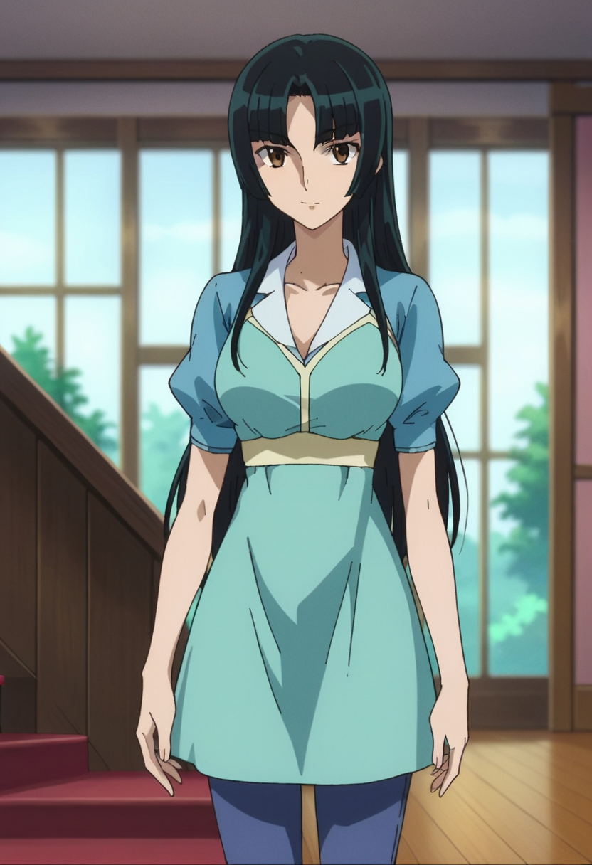 score_9,score_8_up,score_7_up,score_6_up,score_5_up,score_4_up,anime coloring BREAK source_anime,anime,<lora:Wang_Liu_Gundam00_Pony_v2:0.8>,liumeis2,1girl,solo,brown eyes,black hair,long hair,blue dress,pirple pants,parted bangs,standing,indoors,looking_at_viewer,