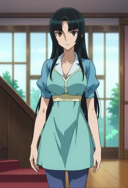 score_9,score_8_up,score_7_up,score_6_up,score_5_up,score_4_up,anime coloring BREAK source_anime,anime,<lora:Wang_Liu_Gundam00_Pony_v2:0.8>,liumeis2,1girl,solo,brown eyes,black hair,long hair,blue dress,pirple pants,parted bangs,standing,indoors,looking_at_viewer,