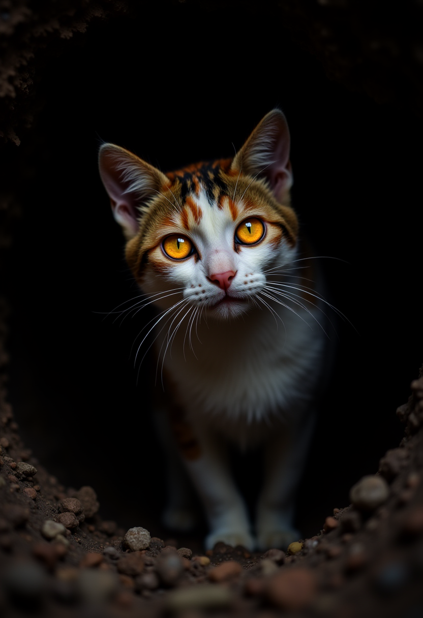 a calico cat coming out of a dark hole. his eyes are shining