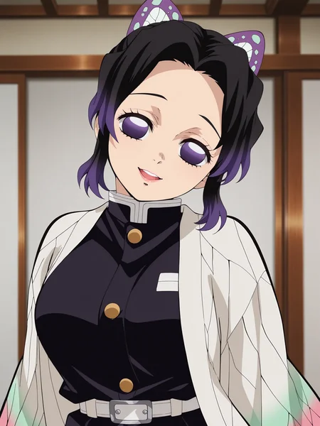 score_9, score_8_up, score_7_up, source_anime, hires image, masterpiece, best quality, BREAK, shiny skin,
<lora:Shinobu Kocho - Demon Slayer:1> shin0bu, kochou shinobu, black hair, purple hair, multicolored hair, gradient hair, purple eyes, butterfly hair ornament, demon slayer uniform, long sleeves,, jacket, belt, smile,
head tilt, open mouth, upper body, large breasts,
white background,