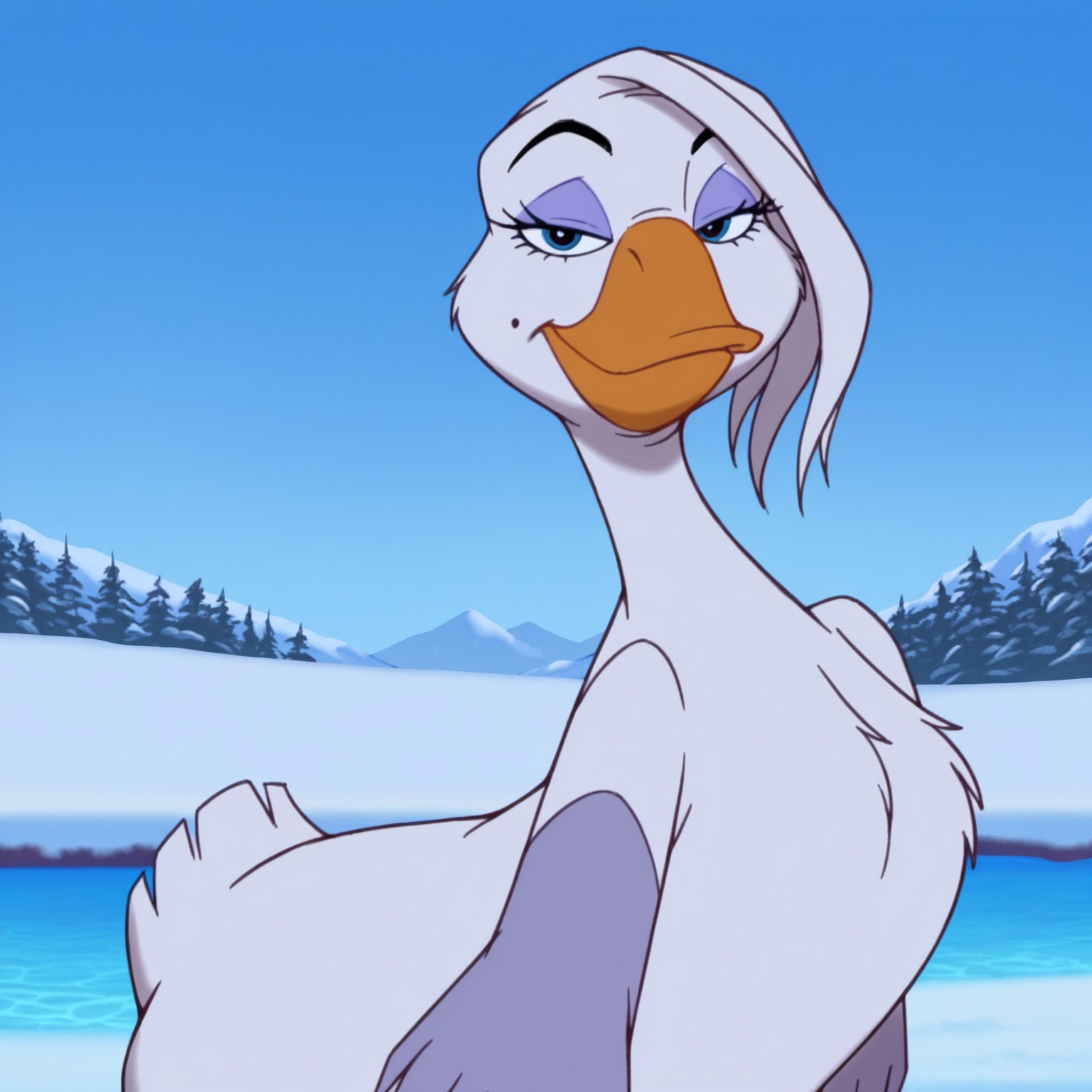 8k, uncensored, masterpiece, best quality, highly detailed, realistic, 1girl, solo, StellaBT, furry, feral, avian, goose, white hair, short hair, feather hair, black eyebrows, dark-blue eyes, black pupils, eyelashes, light-purple eyeshadow, mole, orange beak, white body, light-purple arms, arm feathers, orange feet, webbed feet, short tail, feathered tail, smile, closed mouth, looking at viewer, narrowed eyes, (looking at viewer, standing, water, blue sky, snow, afternoon, detailed background, front view, upper body, standing straight