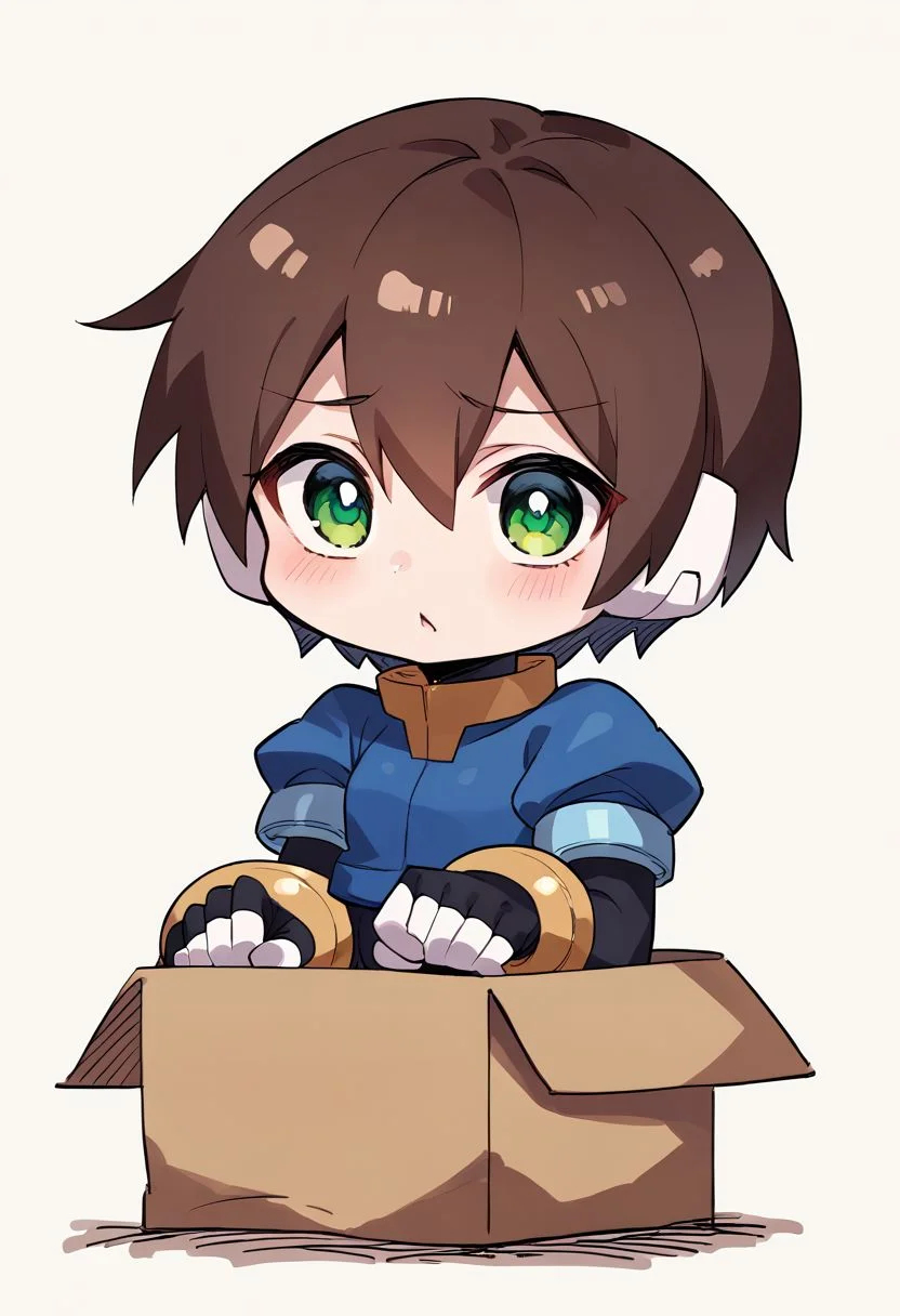 score_9, score_8_up, score_7_up, score_6_up, source_anime, BREAK <lora:stasis_tank_v0.3-pony:1>,1girl, small breasts, brown hair, short hair, green eyes, robot ears, black bodysuit, fingerless gloves, blue Cropped Jacket, cropped jacket, short sleeves, bracelet, b0xe,chibi, in box