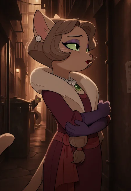<lora:Ivy_Pepper v4 Ill8s965:1>
on model, screencap, flat color, furry, anthro, cat, mature, mature female, bob cut, light brown hair, tan fur, red dress, pearl necklace, emerald pendant, fur collar, pearl earrings, purple gloves, green sclera, black eyes, purple eyeshadow, red lipstick, city, alley, night, brown hue, from side, facing side, looking ahead, tail, worried, wince, hand up, crossed_arms, 1girl, female, solo, flat chest,