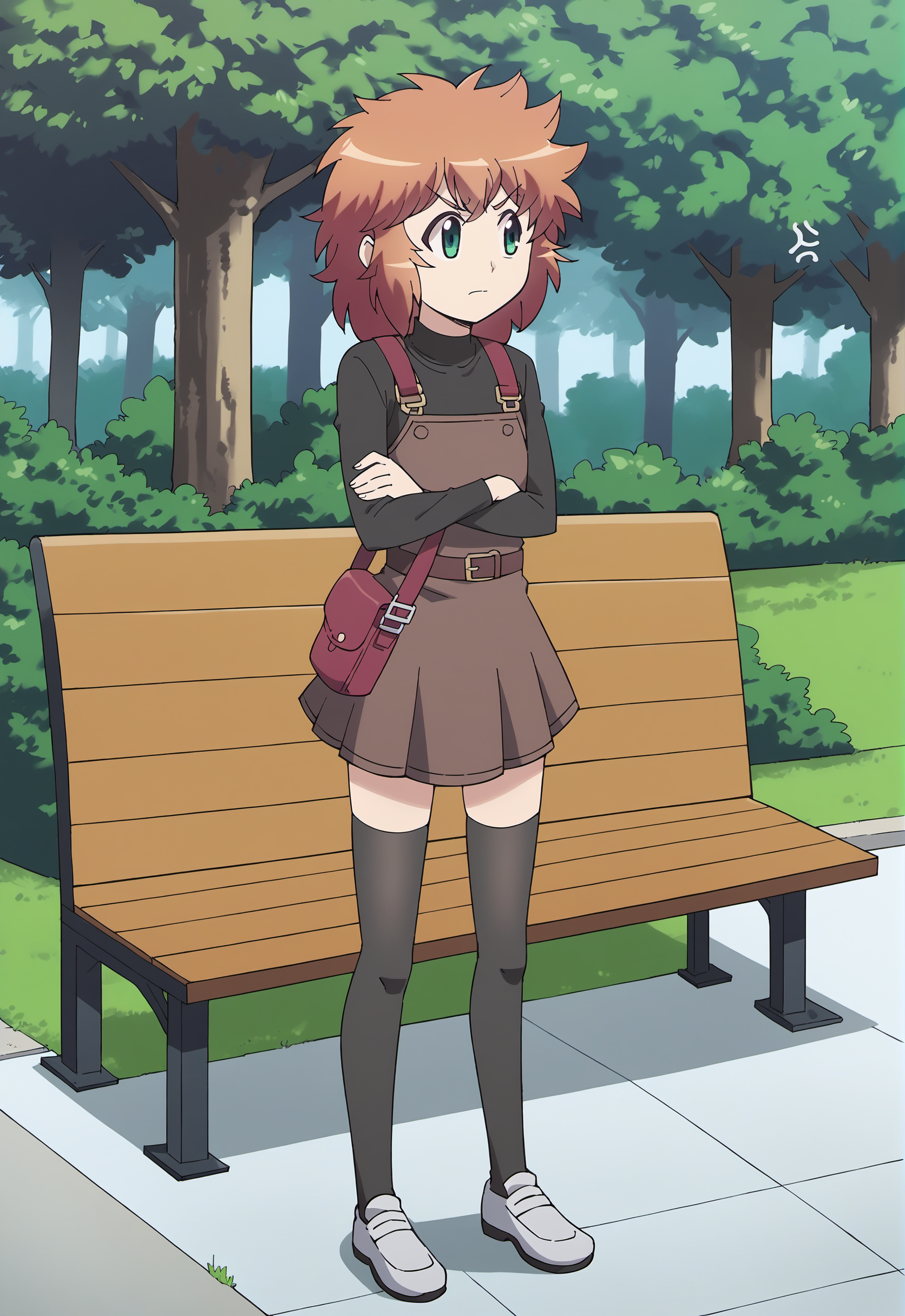score_9, score_8_up, score_7_up, score_6_up,
BREAK
miyou mimane, 1girl, green eyes, orange hair, medium hair, messy hair, bangs, flat chest, full body, crossed arms, annoyed, looking to the side, sigh, spread legs, standing
BREAK
black shirt, long sleeves, brown suspender skirt, red bag, red purse, black thighhighs, white shoes
BREAK
wide shot, outdoors, concrete floor, lamppost, park, grass, bush, tree, wooden bench    <lora:Tsugomo2MimaneMiyou-000009:1>