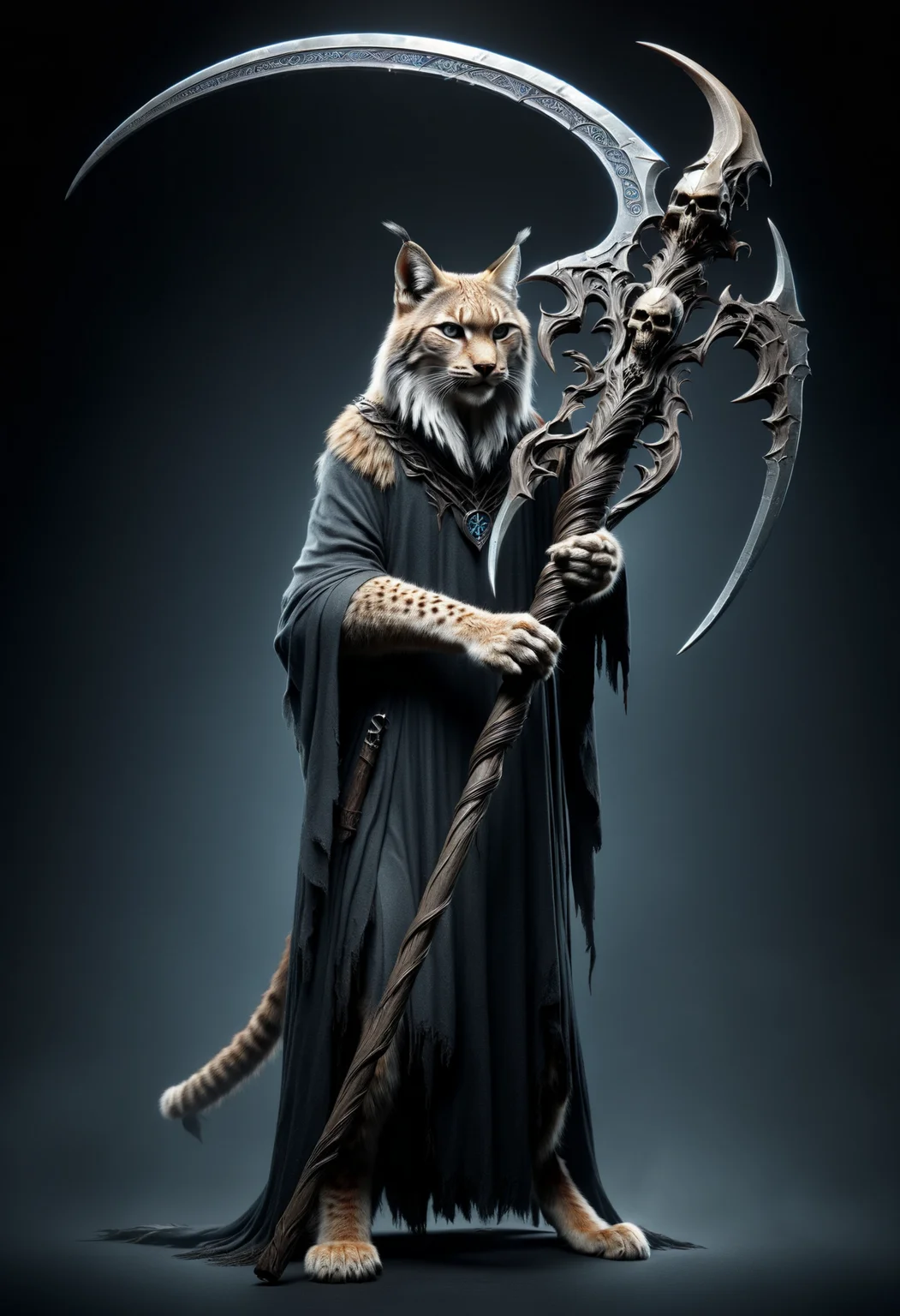 lynx holding a DonM5cy7h3XL scythe, single blade <lora:DonM5cy7h3XL-v1.1-000006:0.8>