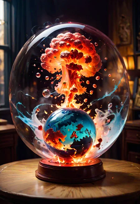 nuclear explosion inside a round transparent globe, on a table, fortune teller, war