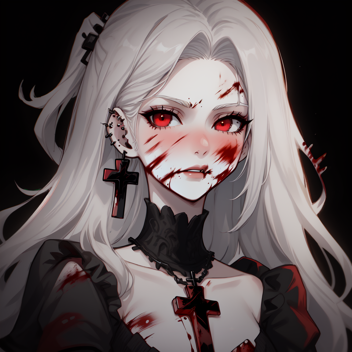 Goth girl, Goth girl 1girl ,1girl, solo, long hair, pale skin, white hair, jewelry, closed mouth, black clothes, lips, red eyes,blood, detailed eyes, piercing, portrait, injury, blood on face, cross earring , earrings, necklace,  dark background, simple background,  <lora:Goth_girl-v2:0.9>.