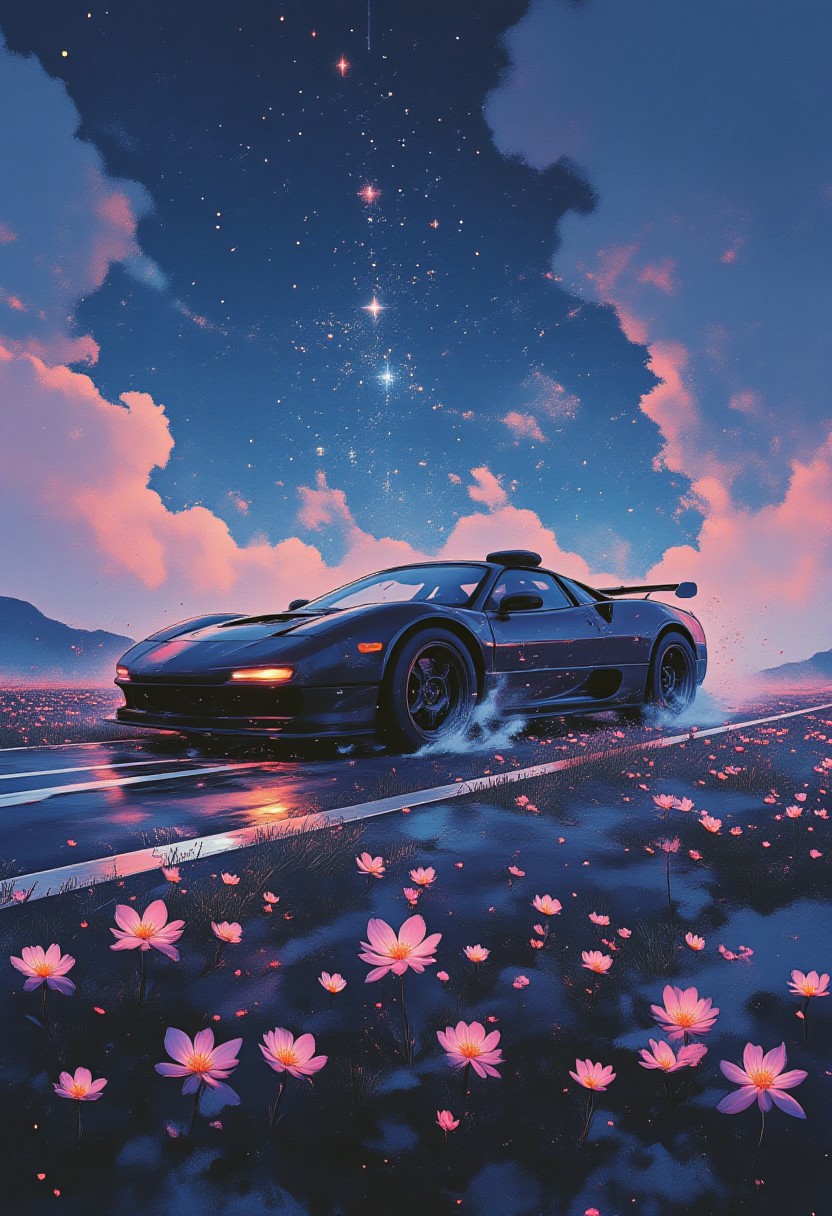 Jeddtlv3, aidmamj6.1, A matte black sports car driving through a field of glowing bioluminescent flowers under a starry sky, with soft purple and blue hues all around