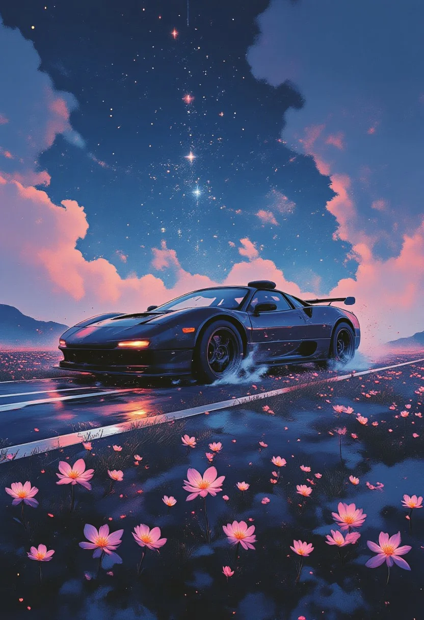 Jeddtlv3, aidmamj6.1, A matte black sports car driving through a field of glowing bioluminescent flowers under a starry sky, with soft purple and blue hues all around