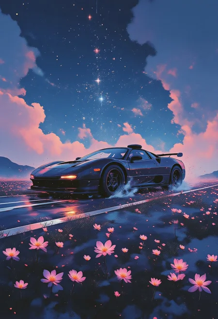 Jeddtlv3, aidmamj6.1, A matte black sports car driving through a field of glowing bioluminescent flowers under a starry sky, with soft purple and blue hues all around