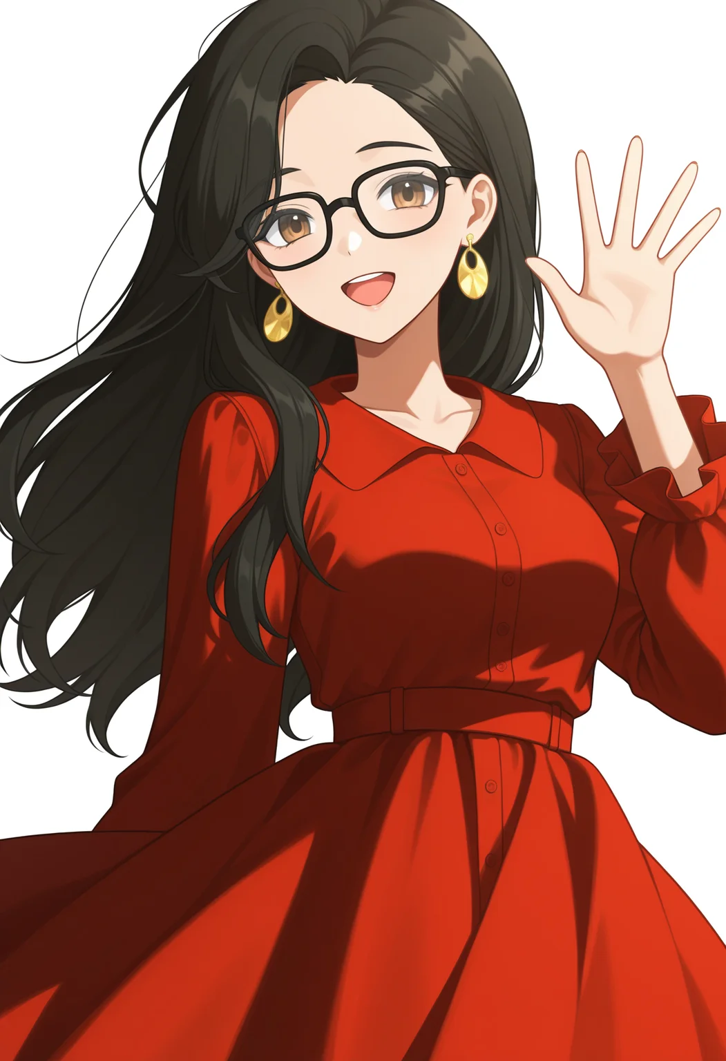 <lora:GBC_RW_illustrious-000012:1>,GBC_RW,1girl,solo,earrings,jewelry,black hair,long hair,black-framed eyewear,red dress,smile,open mouth,brown eyes,white_background,simple_background,waving,cowboy_shot,looking_at_viewer