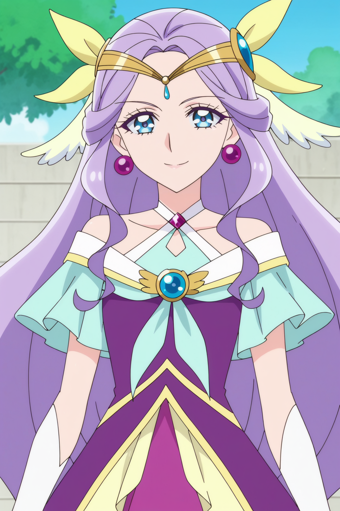 score_9, score_8_up, score_7_up, source anime, prefect lighting, very aesthetic, BREAK, anime screencap, anime coloring,
<lora:fuurin_asumi_precure_v1-pdv6:0.8>,  1girl, cure earth, healin' good precure, blue eyes, long hair, purple hair,
magical girl, purple dress, circlet, hair ornament, earrings, collarbone, 
BREAK, smile, looking at viewer, cowboy shot, 
BREAK,