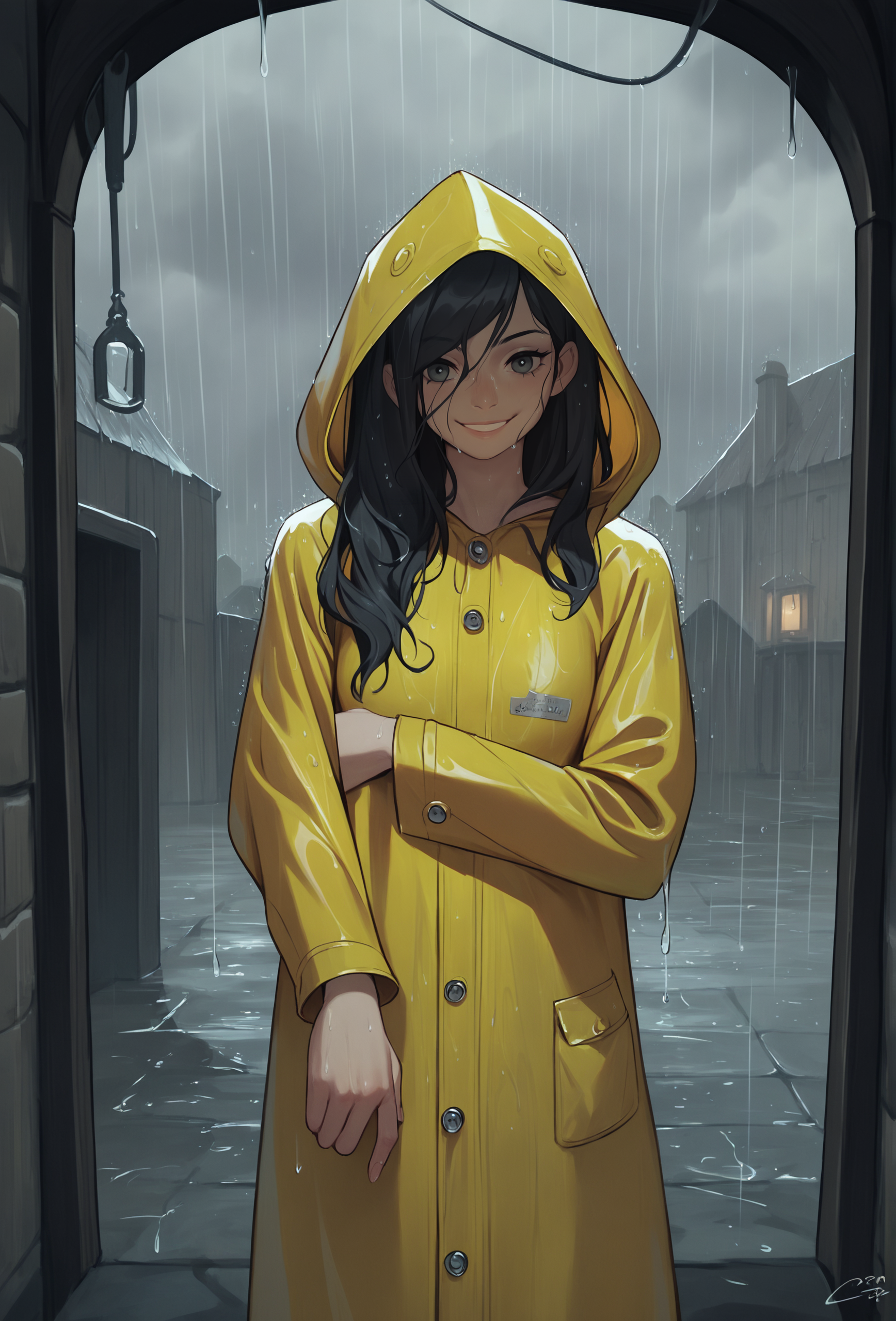 score_9, score_8_up, score_7_up, score_6_up, score_5_up, score_4_up, <lora:cabronpr_style_ponyXL_v1.3:1> cabronpr, dungeon, looking at viewer, rain, overcast, grey sky, dark
1girl, solo, long hair, raincoat, hood up, smile