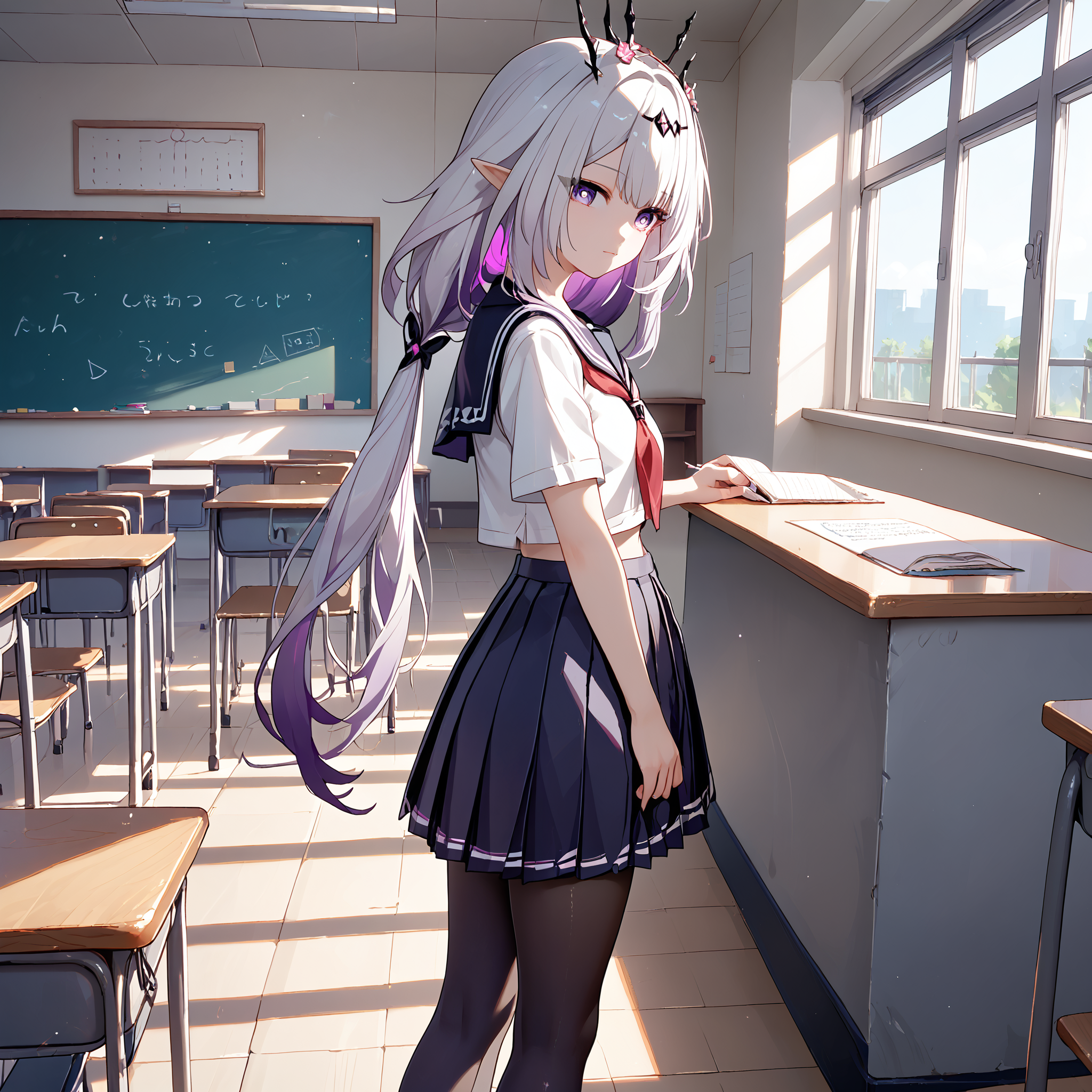 score_9, score_8_up, score_7_up, score_6_up, BREAK source_anime, look at viewer, 1girl, solo, masterpiece, best quality, high detailed skin,  castorice_(honkai:_star_rail), purple eyes, white hair, colored inner hair, low twintails, pointy ears,  school uniform, red neckerchief, white shirt, pleated skirt, short sleeves, serafuku, black socks, classroom, indoors, standing, pantyhose,