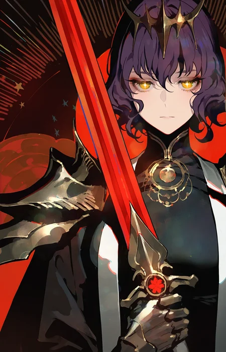 fishine, rei \(sanbonzakura\), fuzichoco, lam \(ramdayo\), void 0, rella,
1girl, mature female, tall female, dark purple hair, short hair, wavy hair, yellow eyes, thick eyelashes, + +, jitome, glowing eyes, medium breasts, expressionless, high collar, black golden robe, pauldrons, gauntlets, armor, sharp crown, holy magic, glowing magic, holding holy staff, holy sword, holding sword, sword at front, sword over face, sword over one eye,
looking at viewer, face focus, upper body, front view,
backlighting, cinematic lighting, lens flare, dark red theme, dark galaxy background, chromatic aberration,
star \(symbol\) background, shining halo background,
spot color,, masterpiece, best quality, amazing quality, very aesthetic, absurdres, best quality, newest,