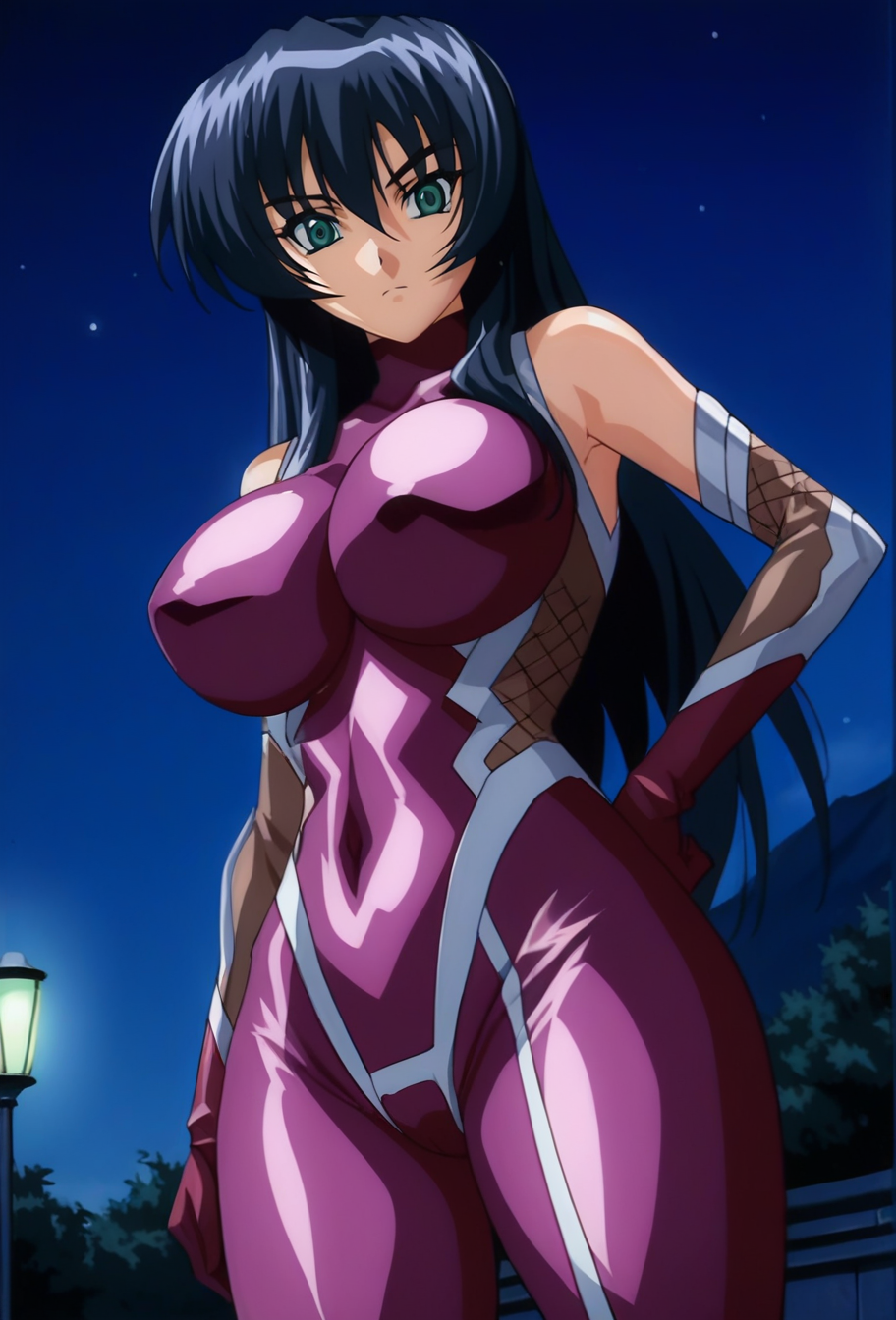 score_9, score_8, source_cartoon, source_anime, rendered, rating_questionable, female focus, dutch angle, upperbody 1girl, three-quarters view, tasasgi, long black hair, green eyes, large breasts, 
bare shoulders, elbow gloves, bodysuit, skin tight, purple ninja bodysuit,
, looking at viewer, eye contact, :<, outdoors, toyko skyline, night, moonlit, volumetric lighting, glistening skin, 