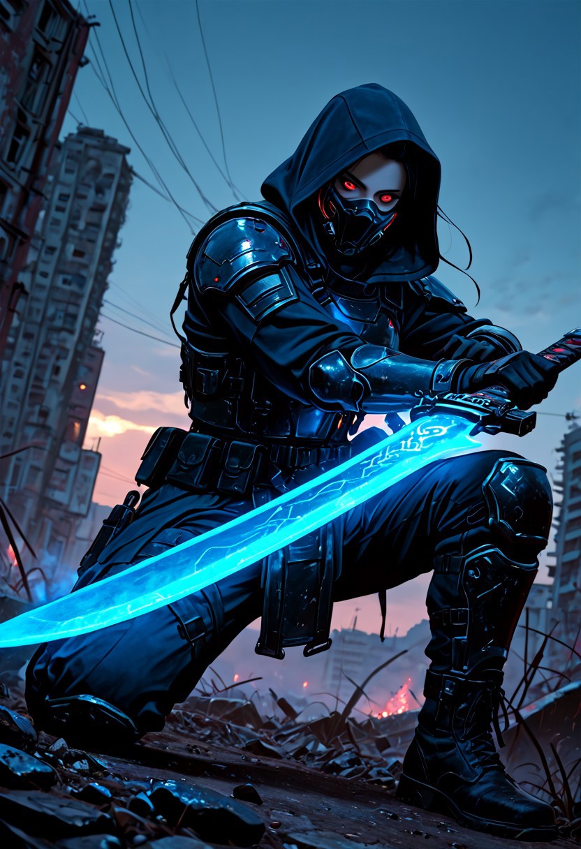 masterwork, masterpiece, best quality, detailed, depth of field, , high detail, best quality, very aesthetic, 8k, photorealistic, realistic skin, deep colour, high contrast, hyperdetailed, matte digital painting, trending on artstation, sharp edges, precise, clear focus, detailed face, face focus, sideview, wide shot, looking at viewer, 
 futuristic, gritty. 
line art, ink art of a woman, solo, soldier, enigmatic, (glowing red eyes), matte black modular suit of armor, molded armour, whole body protection, heavy boots, holding a katana, (blue glowing blade:1.5), ready to fight, fighting stance. Deep hood, black face mask, pale skin, 
background war-torn urban landscapes, dramatic lighting, dynamic angle, whole body, face focus, high contrast, deep shadows, distant fires, smoky sky, matte painting, 
 STP-Illu