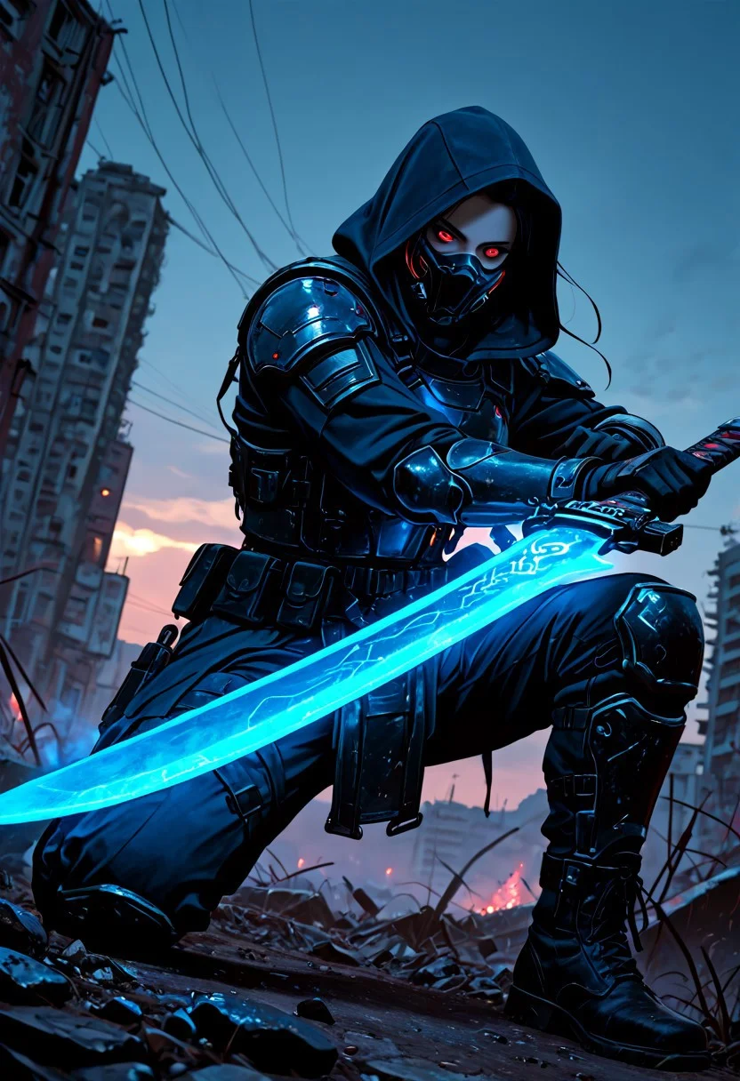 masterwork, masterpiece, best quality, detailed, depth of field, , high detail, best quality, very aesthetic, 8k, photorealistic, realistic skin, deep colour, high contrast, hyperdetailed, matte digital painting, trending on artstation, sharp edges, precise, clear focus, detailed face, face focus, sideview, wide shot, looking at viewer,
futuristic, gritty.
line art, ink art of a woman, solo, soldier, enigmatic, (glowing red eyes), matte black modular suit of armor, molded armour, whole body protection, heavy boots, holding a katana, (blue glowing blade:1.5), ready to fight, fighting stance. Deep hood, black face mask, pale skin,
background war-torn urban landscapes, dramatic lighting, dynamic angle, whole body, face focus, high contrast, deep shadows, distant fires, smoky sky, matte painting,
STP-Illu