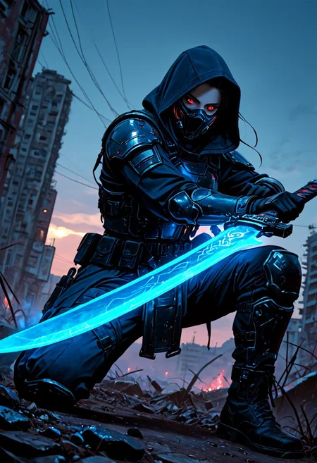 masterwork, masterpiece, best quality, detailed, depth of field, , high detail, best quality, very aesthetic, 8k, photorealistic, realistic skin, deep colour, high contrast, hyperdetailed, matte digital painting, trending on artstation, sharp edges, precise, clear focus, detailed face, face focus, sideview, wide shot, looking at viewer,
futuristic, gritty.
line art, ink art of a woman, solo, soldier, enigmatic, (glowing red eyes), matte black modular suit of armor, molded armour, whole body protection, heavy boots, holding a katana, (blue glowing blade:1.5), ready to fight, fighting stance. Deep hood, black face mask, pale skin,
background war-torn urban landscapes, dramatic lighting, dynamic angle, whole body, face focus, high contrast, deep shadows, distant fires, smoky sky, matte painting,
STP-Illu