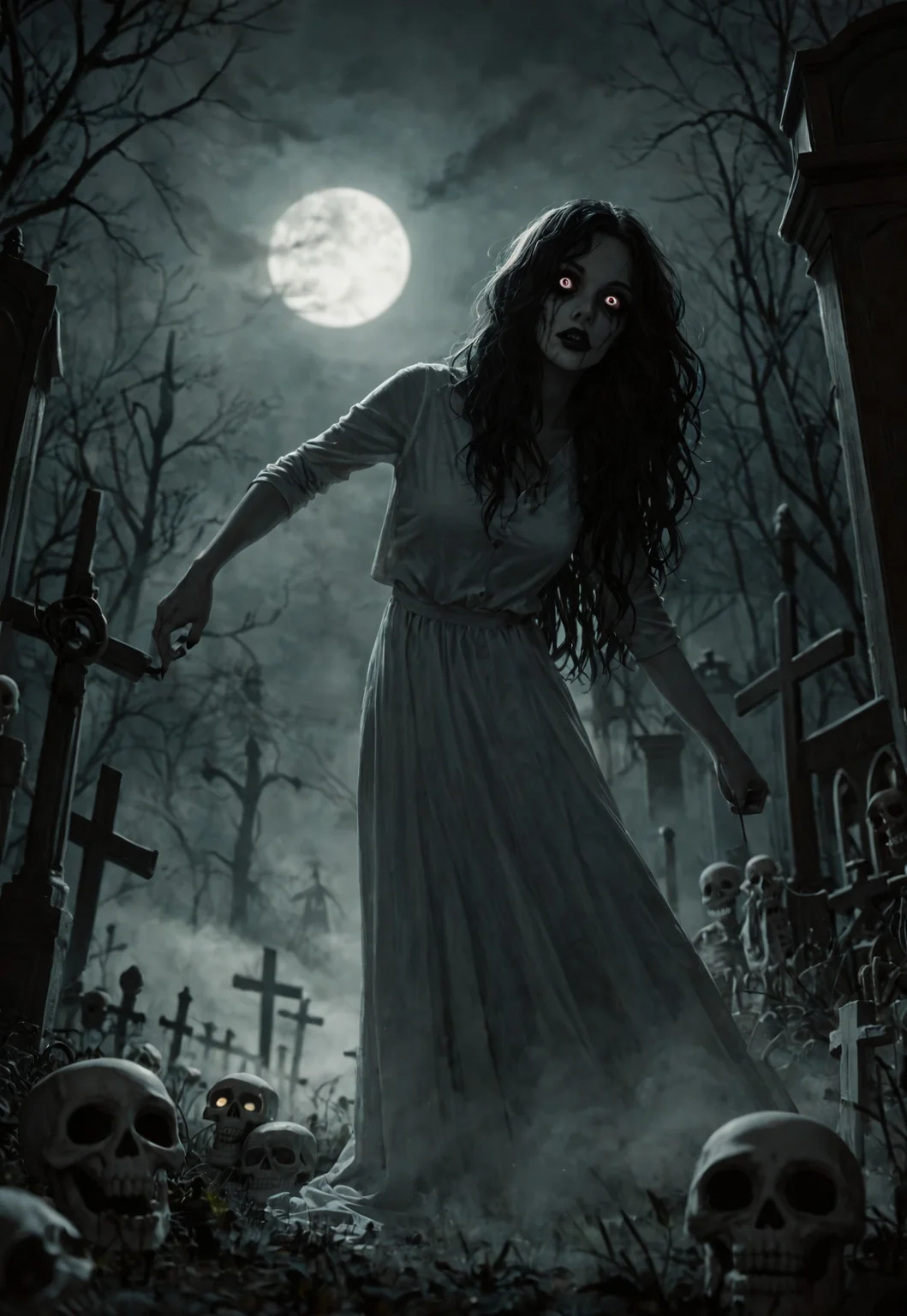 score_9,score_8_up,score_7_up, horror theme, rotting undead, skeleton makeup, fierce facial expression, dynamic pose, dark environment, low lighting, night, loose hair, skin stretched over skeleton, ghost girl, cemetery, fog, moonlight, horror style, creepy