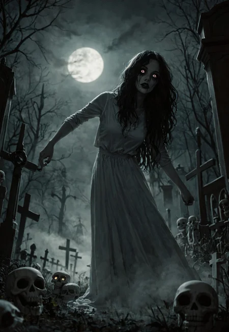 score_9,score_8_up,score_7_up, horror theme, rotting undead, skeleton makeup, fierce facial expression, dynamic pose, dark environment, low lighting, night, loose hair, skin stretched over skeleton, ghost girl, cemetery, fog, moonlight, horror style, creepy