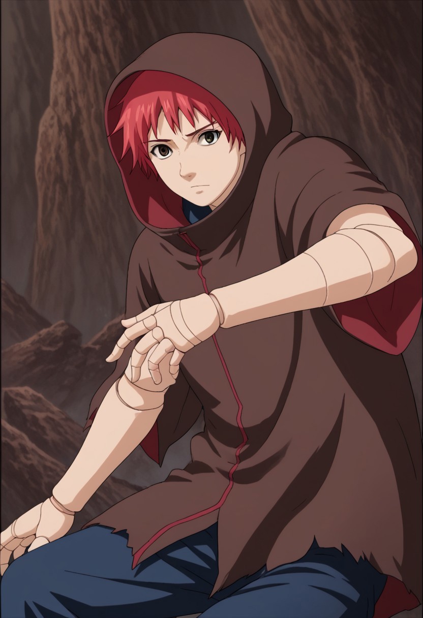 score_9, score_7_up, source_anime, 
sasori, 1boy, male focus, solo, brown eyes, red hair, top less male, joints, doll joints, puppet, pants, cloak, brown cloak, hood, hood up,
outdoor,