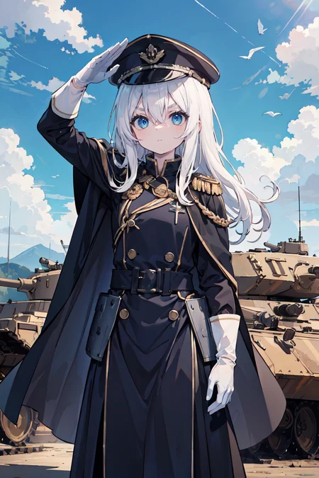 (masterpiece), tank, girl on top of tank, military outfit, solo, white hair, absurdly long hair, pale skin, blue eyes, salute, sunny, clouds, tyndal effect, hair between eyes, military hat, standing, serious, v-shaped eyebrows, white gloves, armored, cloak